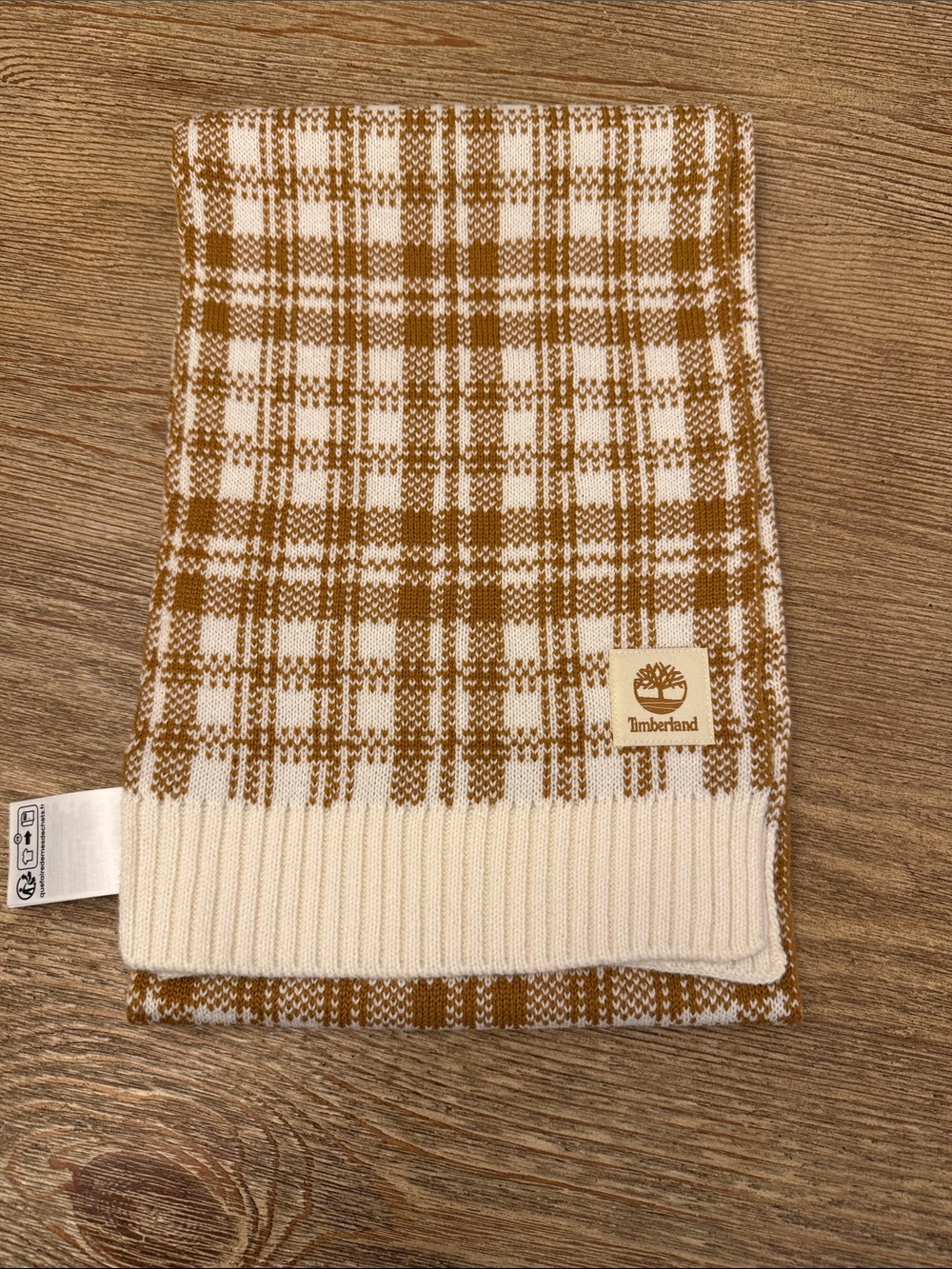 Timberland Cream and Brown Plaid Knit Scarf